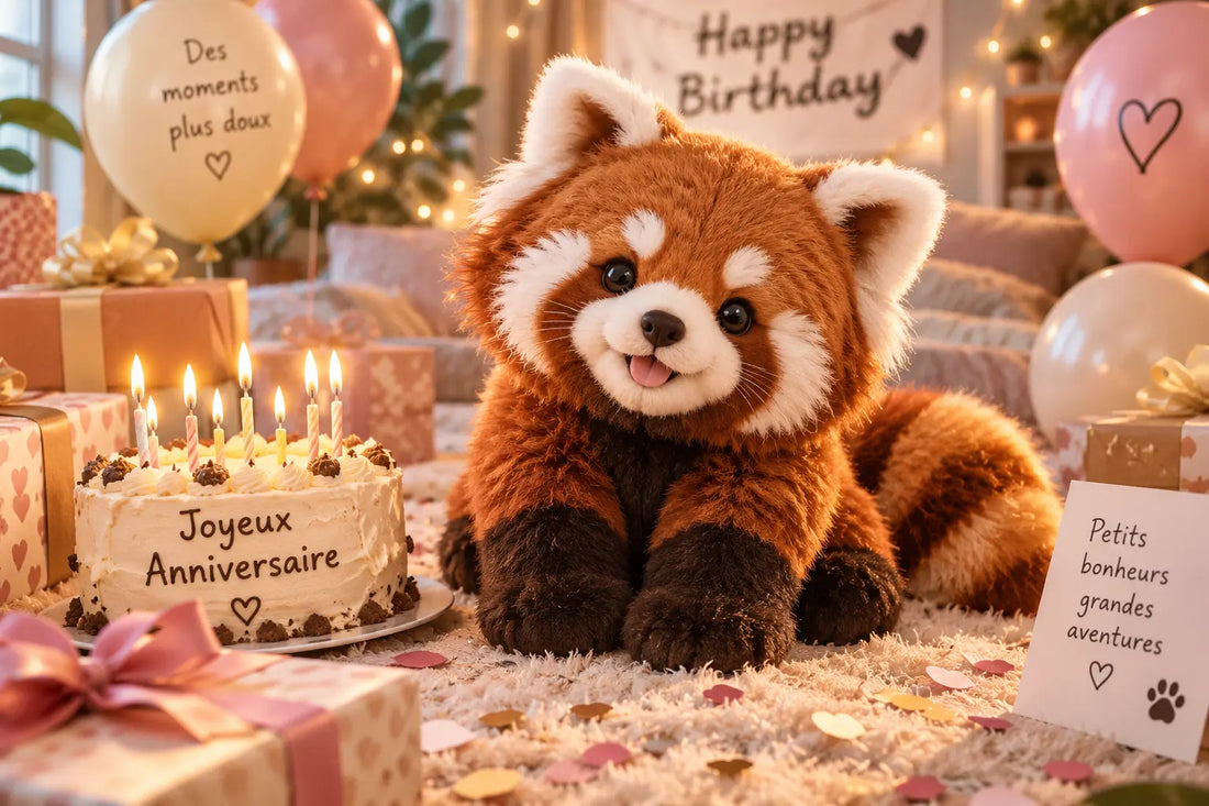 Pour l’image principale du blog anniversaire :  **Texte alternatif :** `Peluche panda roux avec cadeaux et gâteau d’anniversaire | Floomie®`